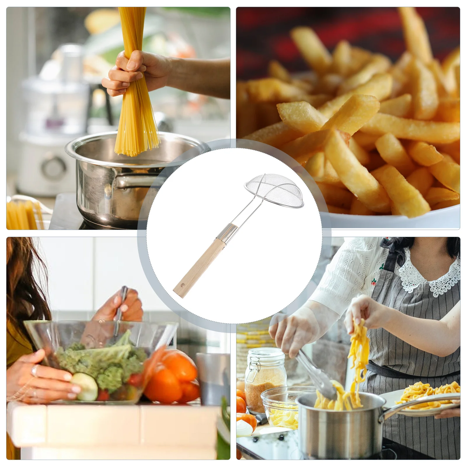 

Extended Wooden Handle Stainless Steel Filter Spoon Colander Multifunctional Heat Resistant Kitchen Strainer for Noodles Eggs