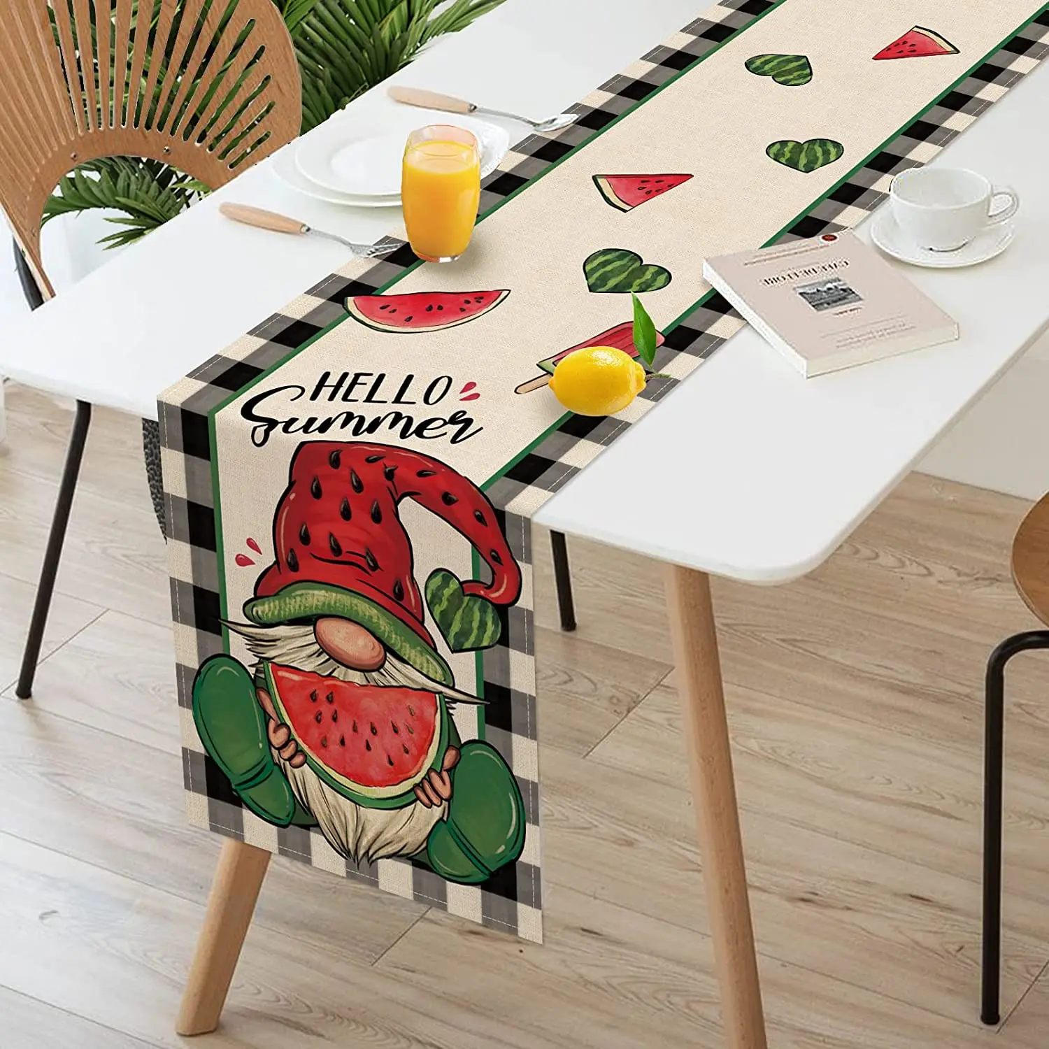 

Hello Summer Gnome Watermelon Linen Table Runner Farmhouse Table Decorations Indoor Dining Table Runners Holiday Party Decor