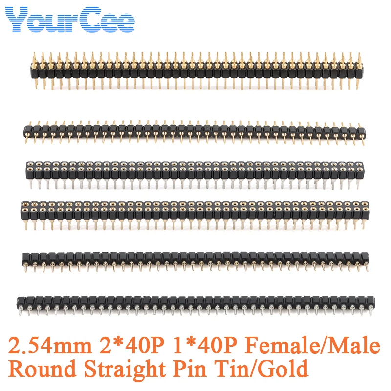 50 szt./2 szt. 1x40 Pin Raster 2,54 mm DIP 2x40P Jedno-/Dwu-rzędowe Złącze Żeńskie/Męskie z Okrągłymi Pinami 40P Cynowane Pozłacane