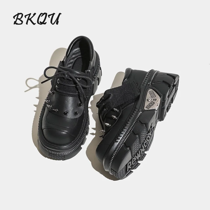 BKQU Dark Spice Girl Thick Soled Single Shoes Female Autumn 2024 New Rock All-match High Top Shoes Muffin Big Head Shoes