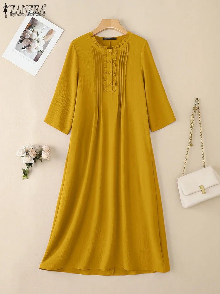 Zanzea vintage feminino camisa longa vestidos moda cor sólida midi vestido de verão 2025 botões casual solto manga 3/4 vestidos elegantes