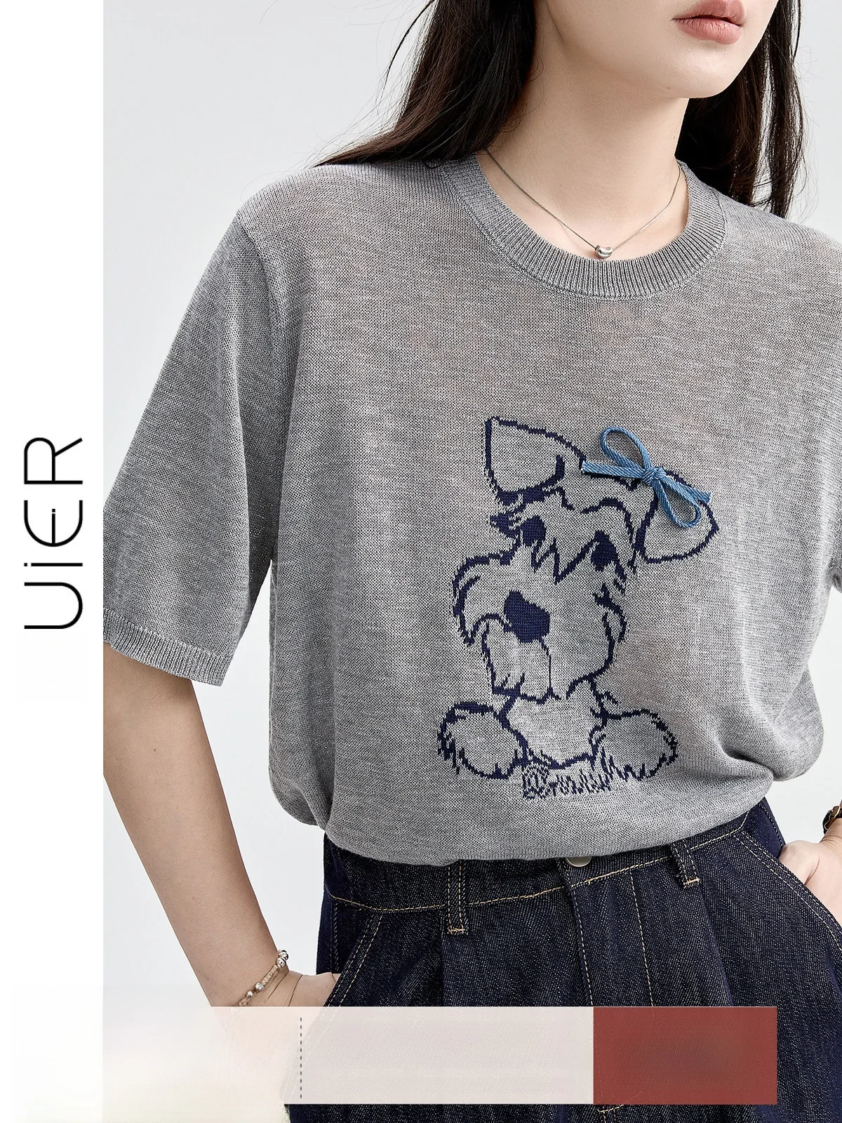 

Loose Fit round Ne ort Sve ey Knitted Bamboo Rayon Embroidered Dog Design Top Women's Faion Summer Casual irt