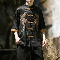 Camisa con bordado de dragón dorado para hombre, Tops de manga corta holgados informales de alta calidad de seda helada, cárdigan tradicional Retro de Kung Fu para hombre