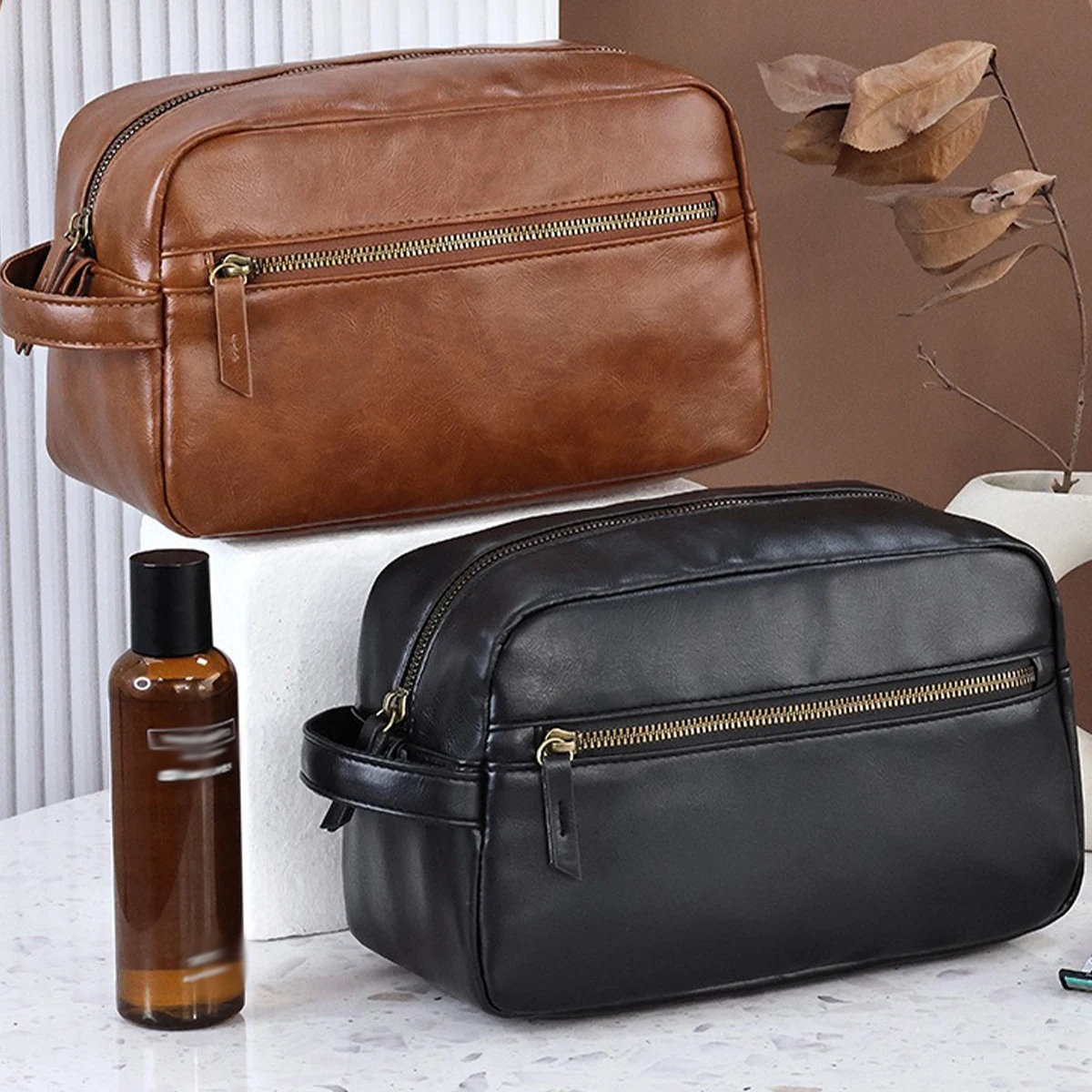 Men Vintage Luxury PU Leather Portable Toiletry  Bag Travel Necessary Business Cases Male Hanging Double Layered Wash Bag