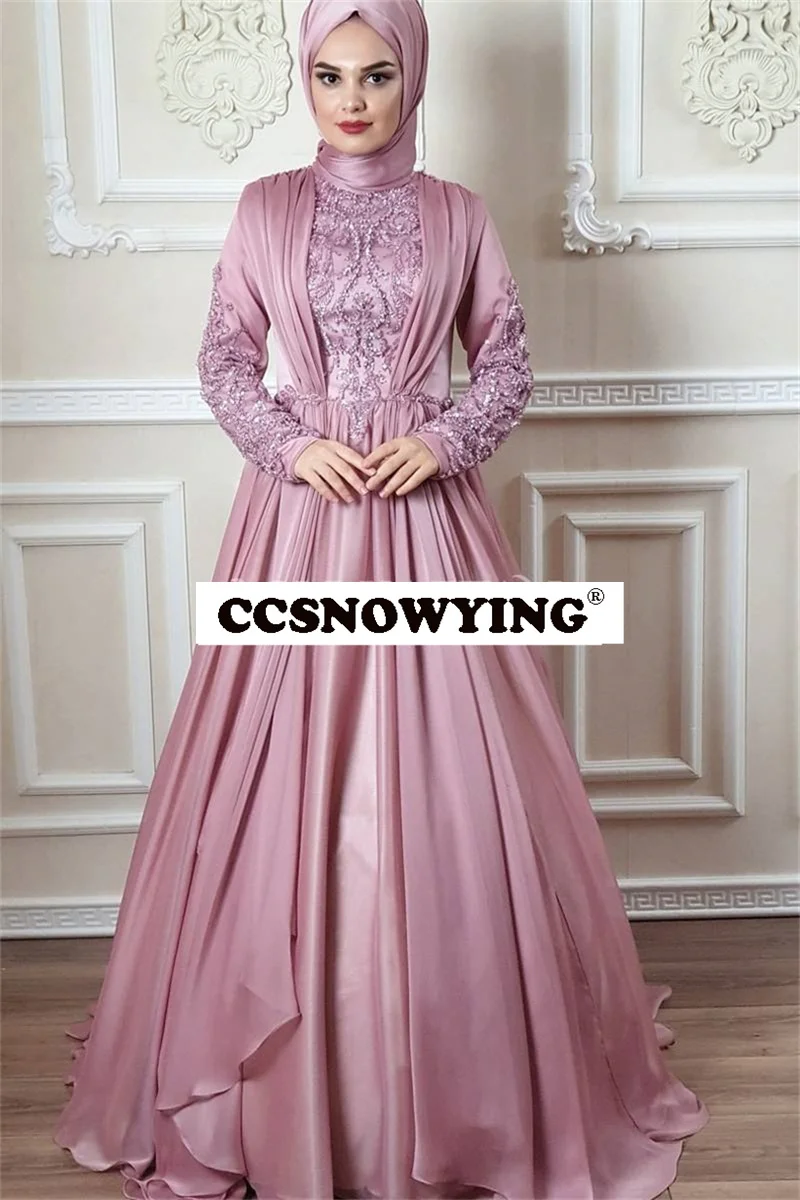 

Chiffon Appliques Muslim Evening Dresses Long Sleeve Islamic Hijab Formal Party Gown High Neck Arabic Dubai Robe De Soiree