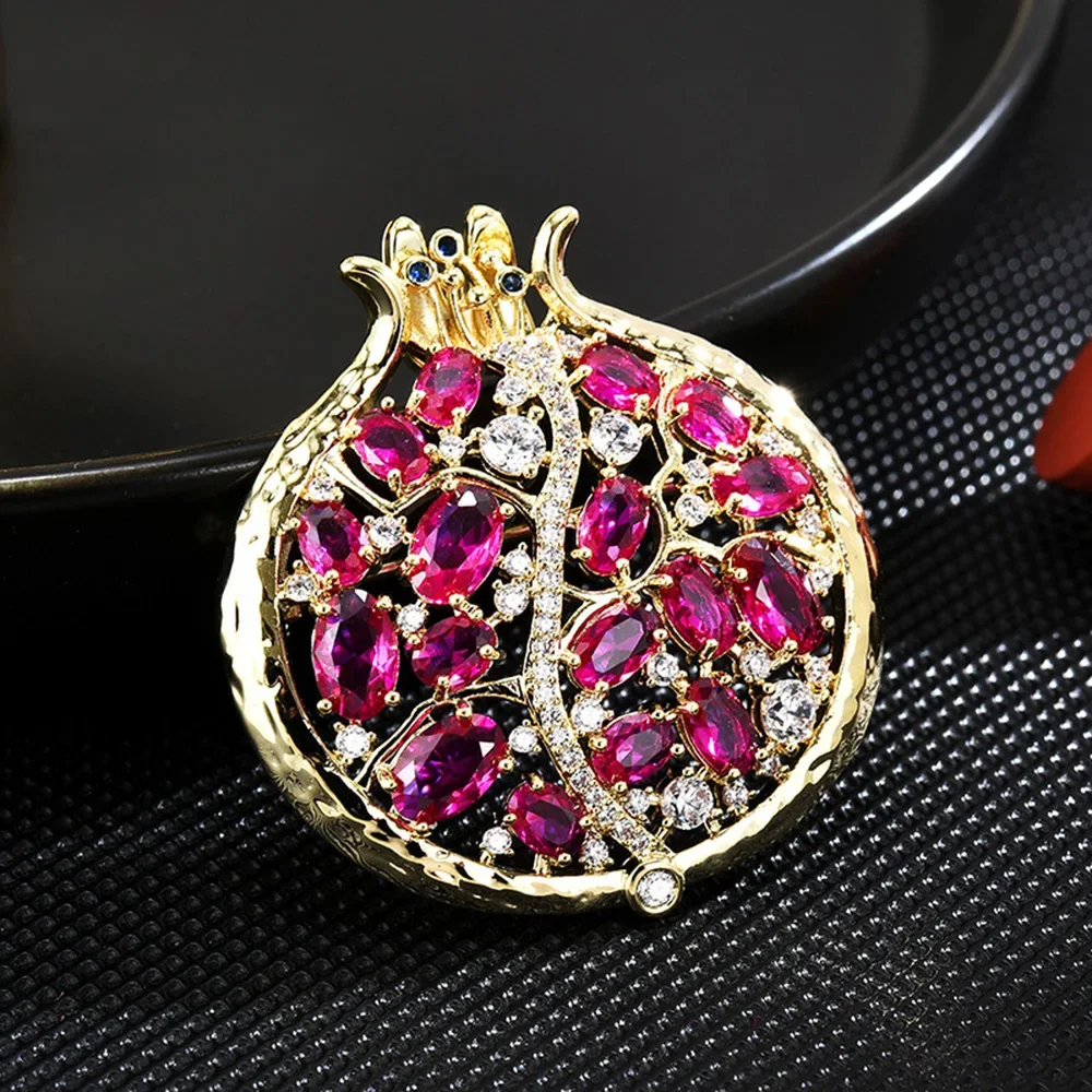 Lovely Purple Pomegranate Brooch Rhinestones Fruit Pins for Girls Women Party Clothing Suit Coat Scarf Accessories Jewelry Gifts