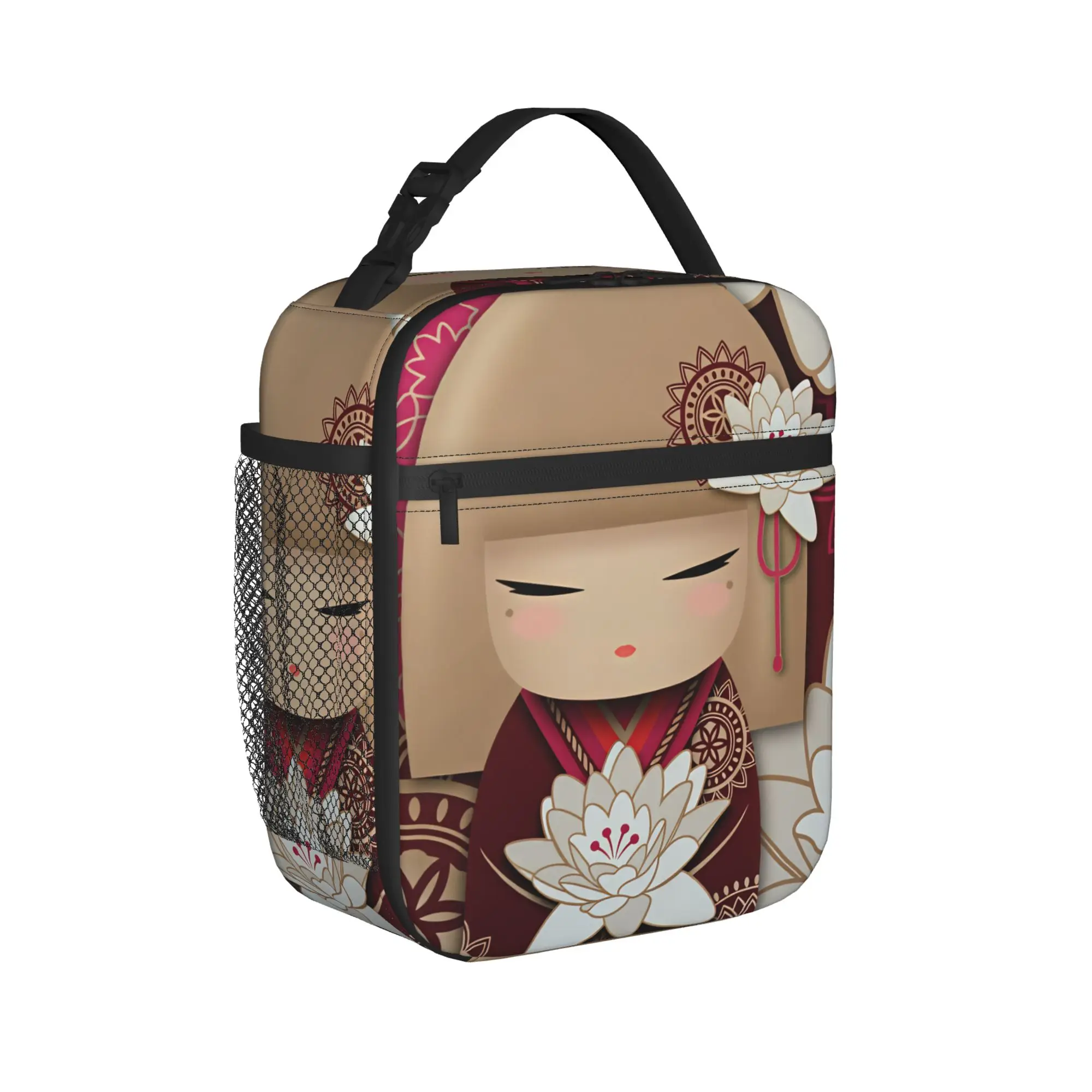 Japanese Girl Sakura Kokeshi Doll Lunch Bag  Funny Lunch Box Picnic Thermal Lunch Bags For Women Waterproof Print Cooler Bag