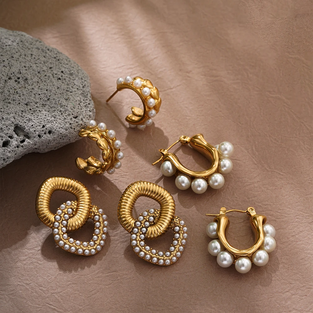 Vintage Stainless Steel Pearl Double Round Earrings for Women Fashion Golden Color Chunky Hoop Earring Statement Jewelry Gifts