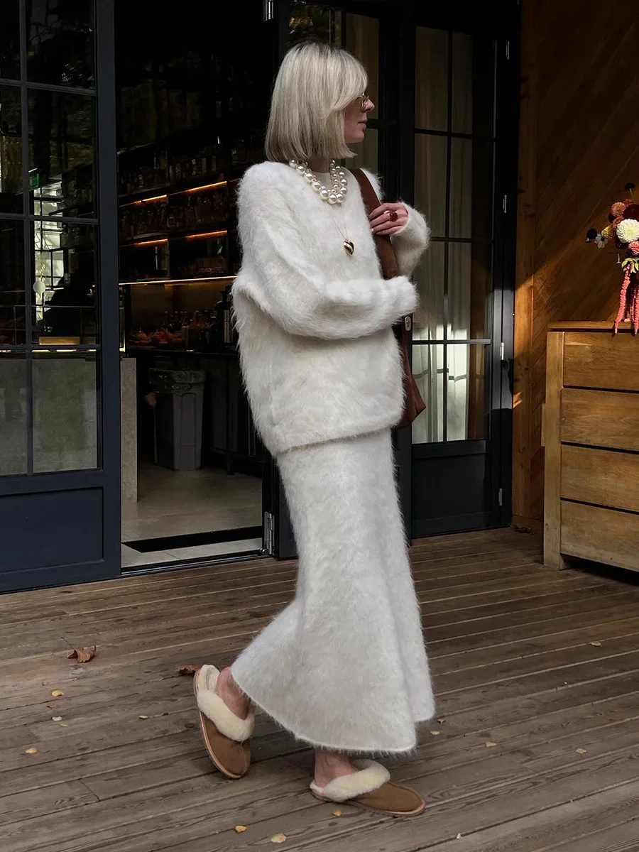 Blubelle inverno moda lã malha streetwear conjunto de 2 peças pulôver oversized saia de cintura alta feminino roupa casual