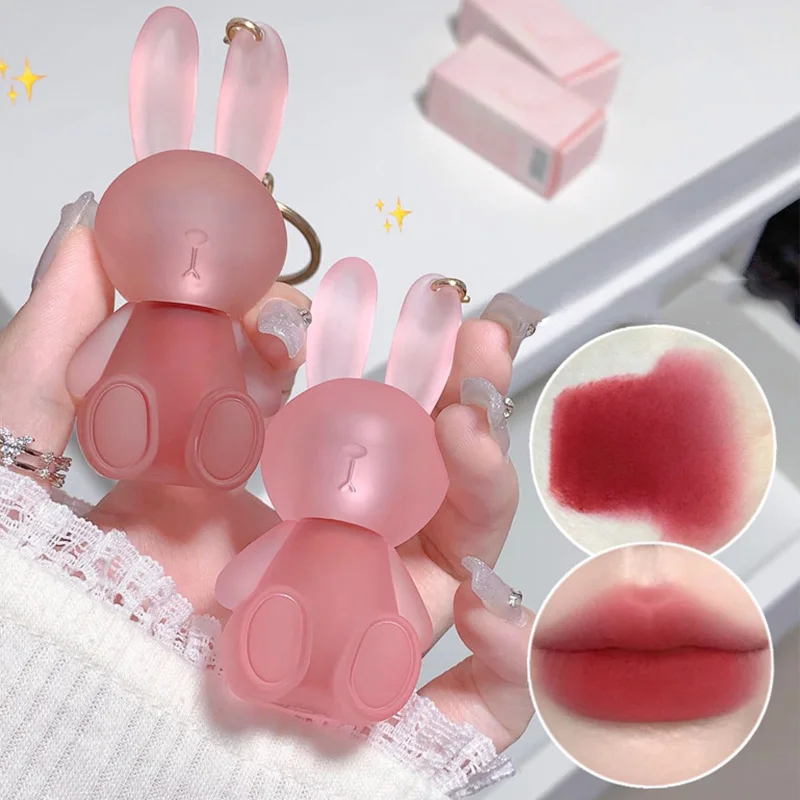 Cute Rabbit Matte Velvet Lip Glaze Lovely Bunny Keychain Lip Mud Matte Texture Lipstick Pink Red Lipgloss Lip Tint Cosmetics