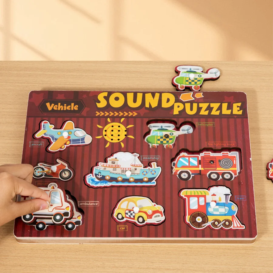 Gioco di puzzle con suono in legno per bambini Giocattoli educativi Montessori Afferrare a mano Veicolo animale Strumento musicale Cognizzare Peg Board