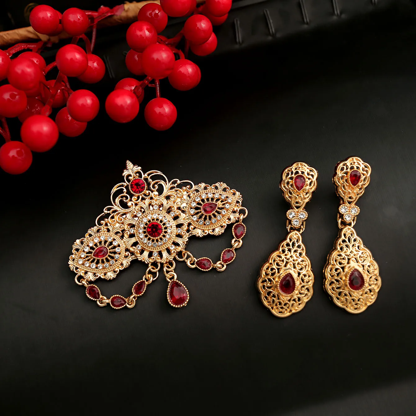 Arabian Bridal Jewelry Set Crystal Brooch Long Drop Earrings Moroccan Wedding Jewelry Lapel Pins Women's Fashion Accessories