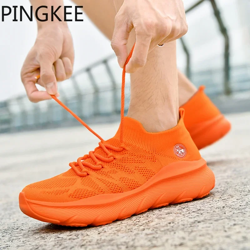 PINGKEE Stretch Knit Unisex Men's Women Sneakers Trail Running Man Sneakers Men Shoes Mesh Upper Fitness Fashion Comfort Shoes