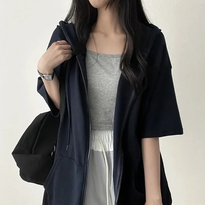 Women Zip Up Coat Oversized Sweatirt Y2k Hooded Sweater Women Loose Autumn Casual Half Sleeve Soft Coat Streetwear Hoodies 2025