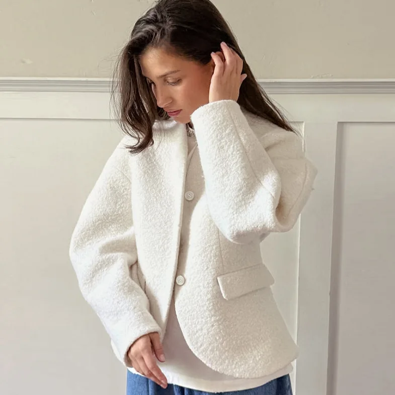 Autumn Temperament White Thick Jacket Coat For Women Long Sleeve V Neck Cardigan Jacket Female Streetwear Outerwear