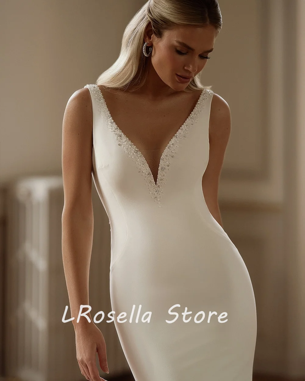 LRosella Vestido de novia con cuello en V Rebordear Sirena Sin mangas Sin respaldo Elegante Estilo exquisito Lujo فسات2024 con cola de barrido