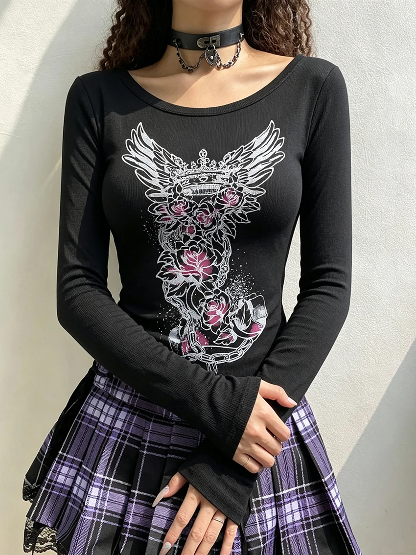Y2K Women Fashion Long Sleeve T Shirt Punk Skull Wing Rose Print Off Shoulder Slim Fit Thumb Hole Streetwear Gothic Casual Tops