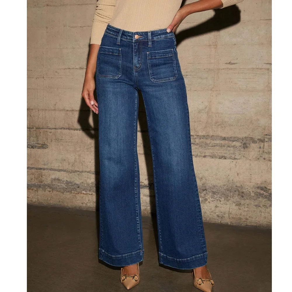 ﻿ ﻿   Jeans Denim Pinggang Tinggi untuk Wanita Celana Lurus Kaki Lebar Vintage Celana Saku Kasual Wanita Pantalon De Mujer