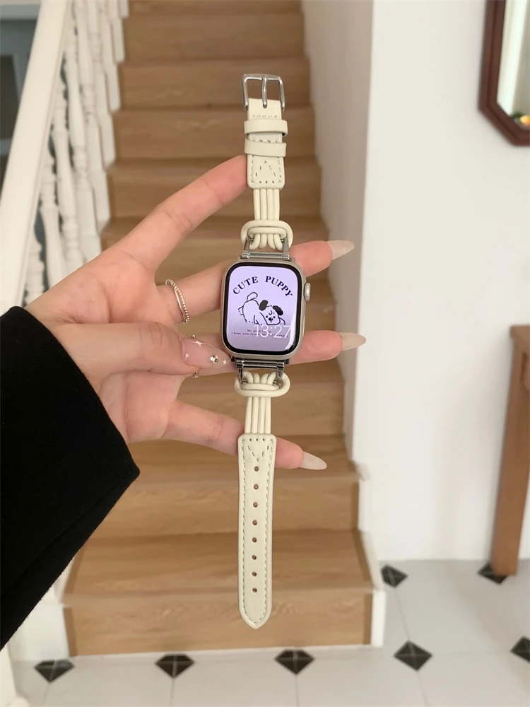 Luxury Soft Rope Leather Watch Band For Apple Watch 41mm 38mm 40mm 42 44 49 45 New Casual Girl Strap For iwatch 8 7 6 5 SE 4 3 2