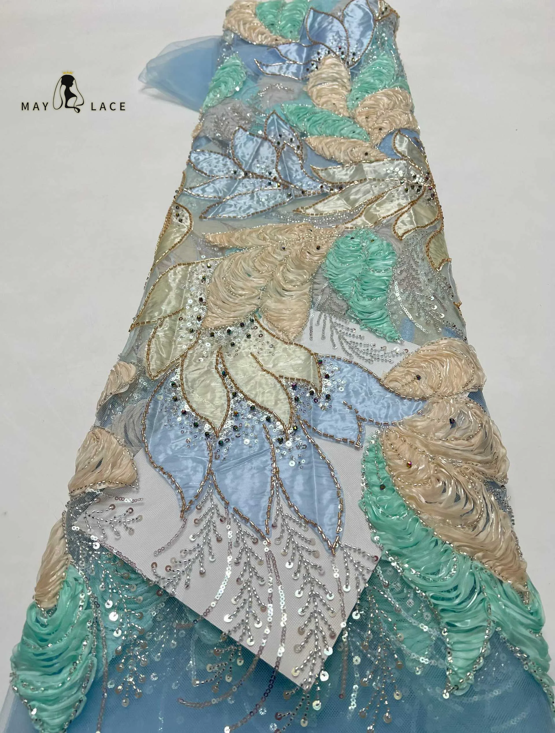 

2026 Luxury African Chiffon Beaded Lace Lace Fabric Embroidery Nigerian Sequins Lace Fabric Mesh Tulle For Sewing Wedding Cloth