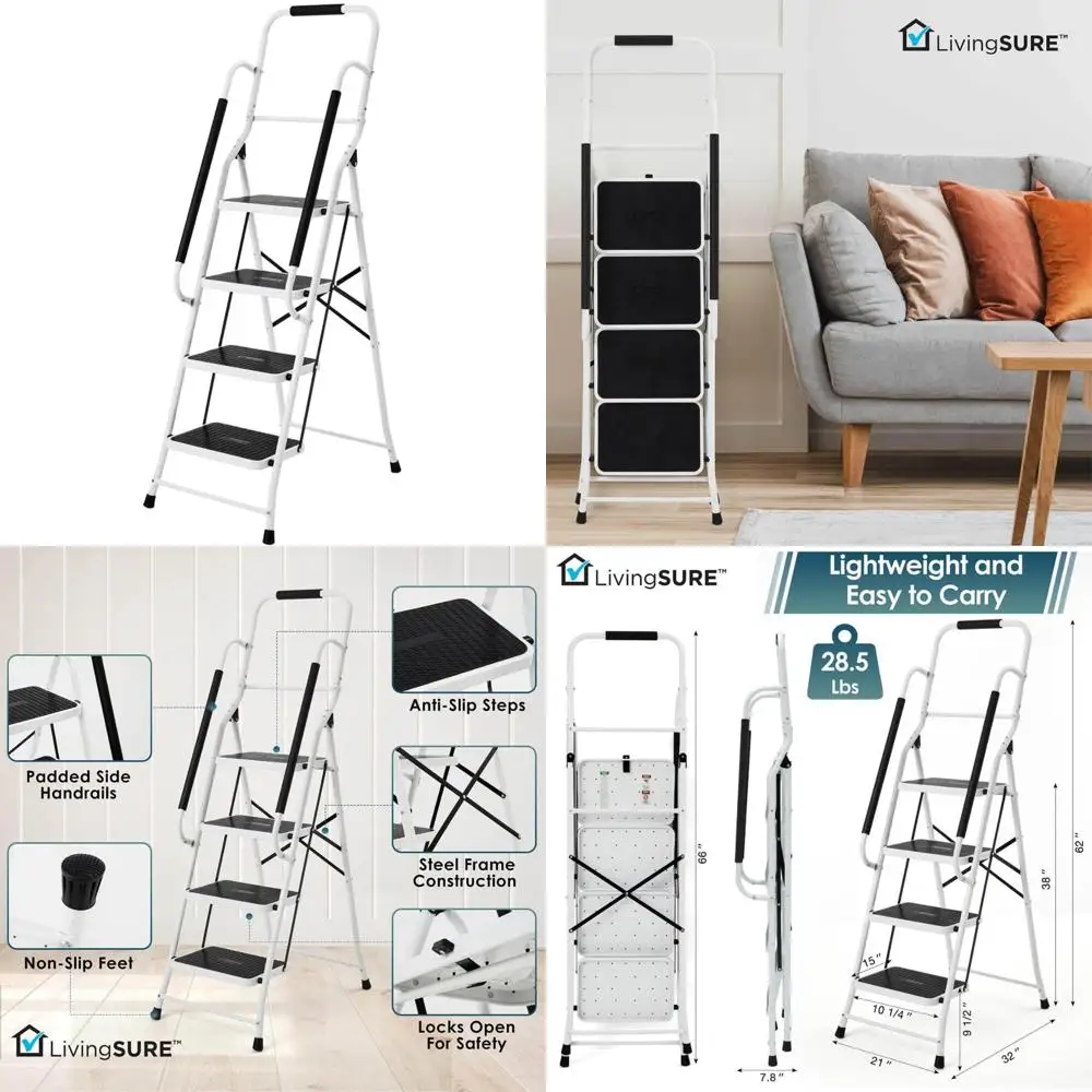 Heavy-Duty Steel Folding Safety Ladder with Anti-Slip Treads and Padded Handrails - Space-Saving Design Ideal for Home and Indus