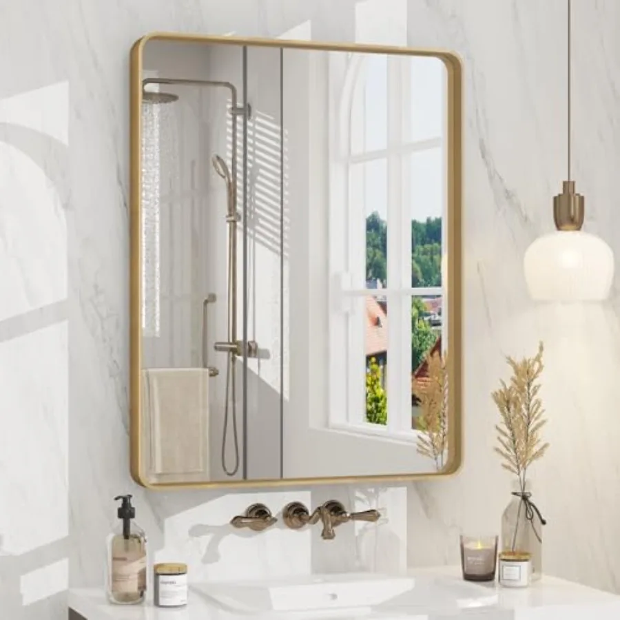 

24x30 Bathroom Mirror, Rounded Rectangle Frame Mirror, Brushed Brass Bathroom Vanity Mirror Wall-Mounted, Anti-Rust, Hangs Hori