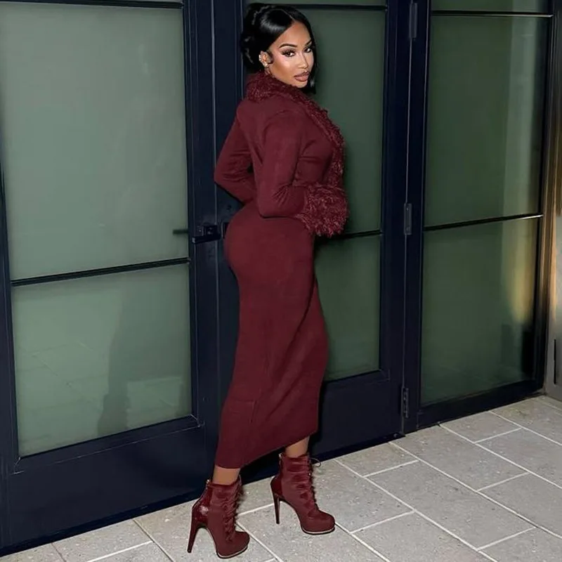 الخريف/الشتاء المرأة الجديدة طويلة الأكمام شرابة مثير العميق الخامس الرقبة بلون متماسكة Bodycon اللباس #3