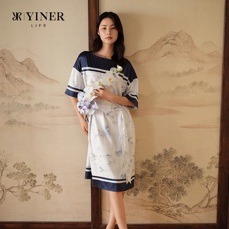 Women's summer Chinese-style floral print home wear dress pajamas with a nightgown