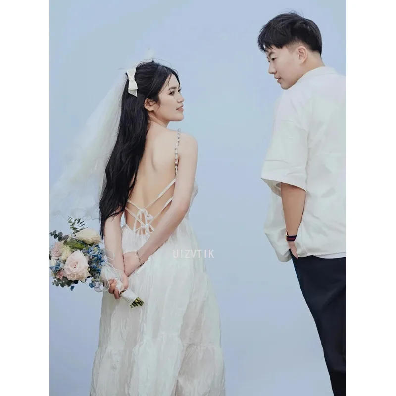 ライトウェディングドレス女性のための気質シンプルな韓国イブニングパーティードレスミディ写真撮影ウェディングドレス Vestidos デノビア