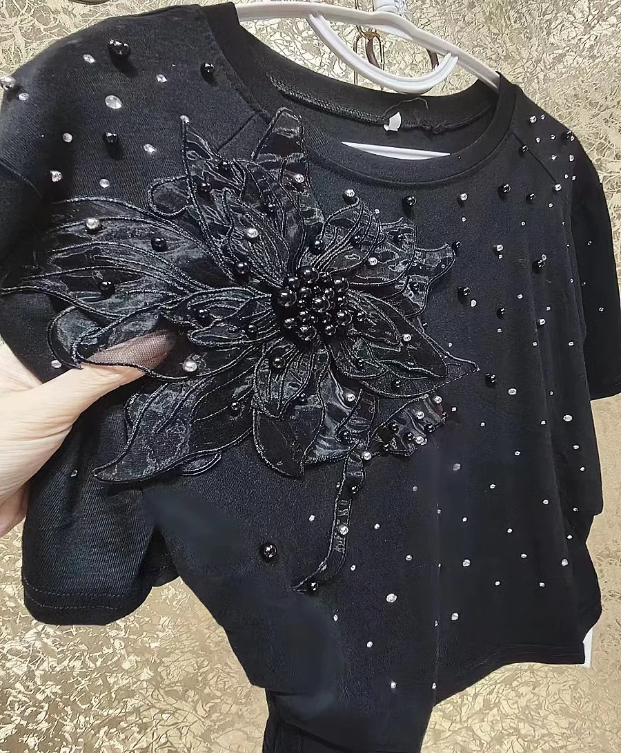 Luxury Style Beaded Diamonds T-shirt  3D Flowers Cotton T-shirts Short Sleeve Black Jumpers Tops Tees Women Clothes