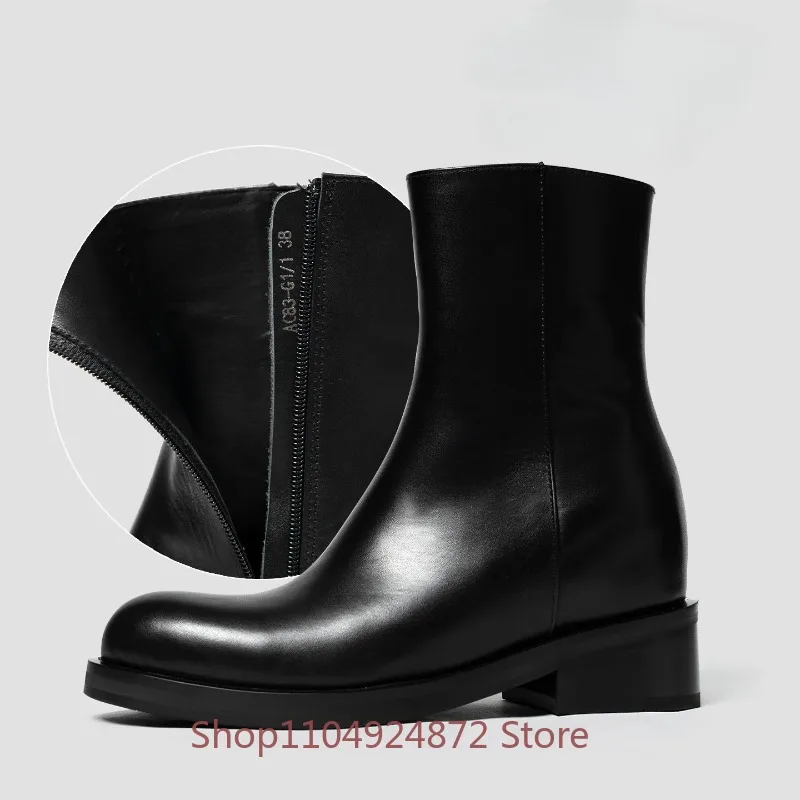 Men Black Genuine Leather Ankle Boots Side Zipper High Heel  Thick Platform Chelsea Boots Male Street Fashion Casual Work Shoes