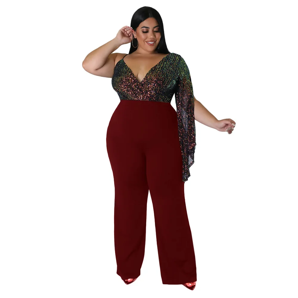 Autumn and Winter Women's 5XL Sexy V-neck Suspender Sequins Loose Wide Leg Pants Jumpsuit Pants Nightclub Fashion