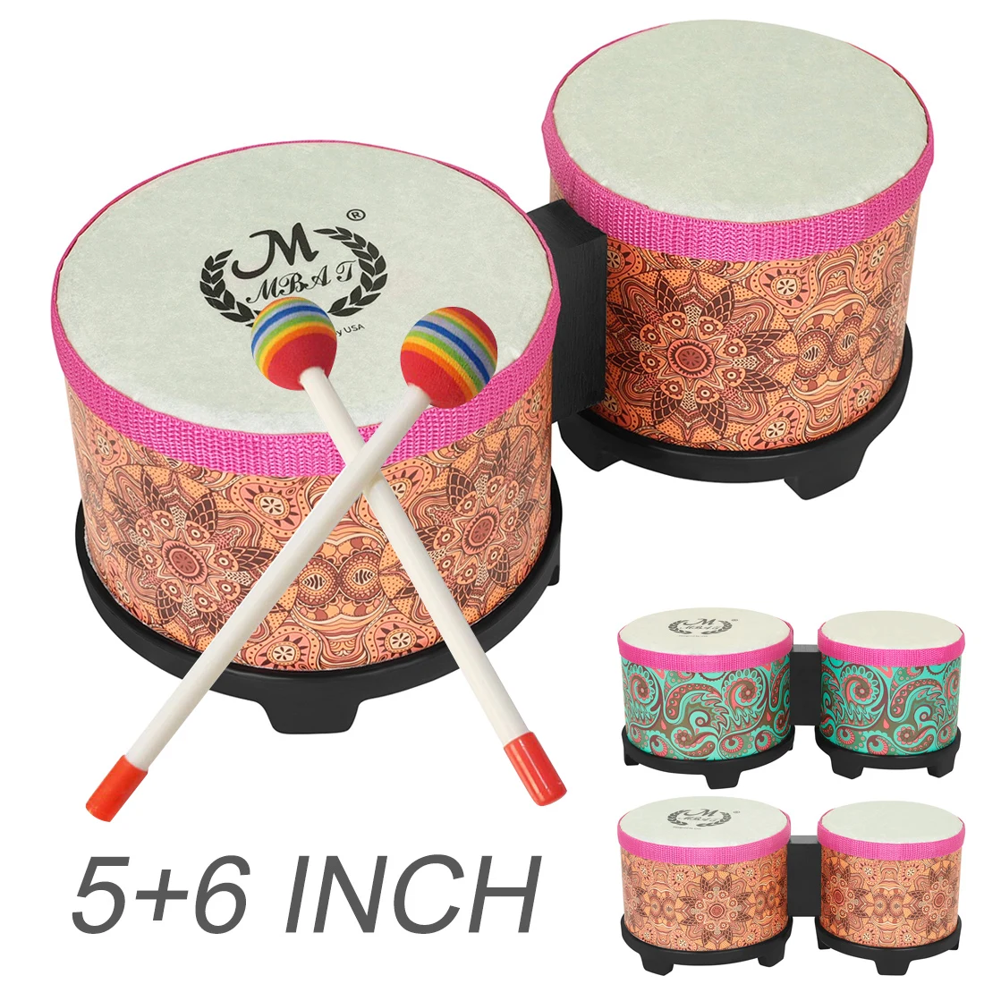 

5 & 6 Inch Sheepskin Head Bongos Drum Rhythm Club Conjoined Drum for Kids Adults Percussion Instrument with Mallets