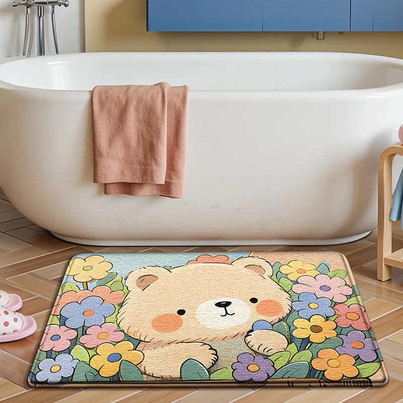Playful Bear & Rabbit Print Bath Mat - Ultra Soft Sponge Carpet - Fast Absorbing & Quick Dry - Anti-Slip Bathroom Rug Decor