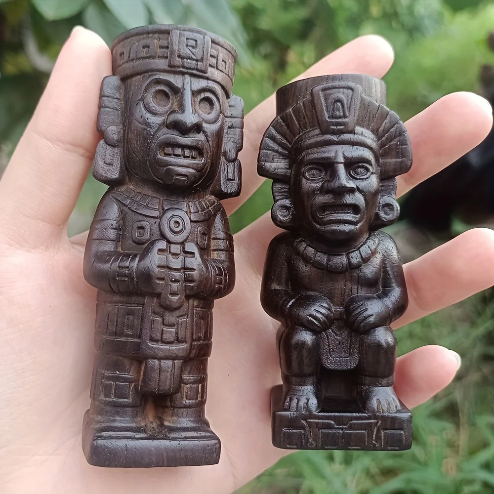 3.8 Inch Hand-Carved Wooden Aztec Totem Craft Ornament Suitable for Craft Decorations, Handmade Living Room Office Desktop Decorations, Handheld Items for Collection and Appreciation