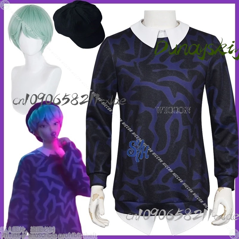 

Anime Kpop Demon 코스프레 Baby Saja Boys Cosplay Fake Two-Piece Black Purple Leopard Print Sweatshirt Jirai Kei Korea Idol Halloween