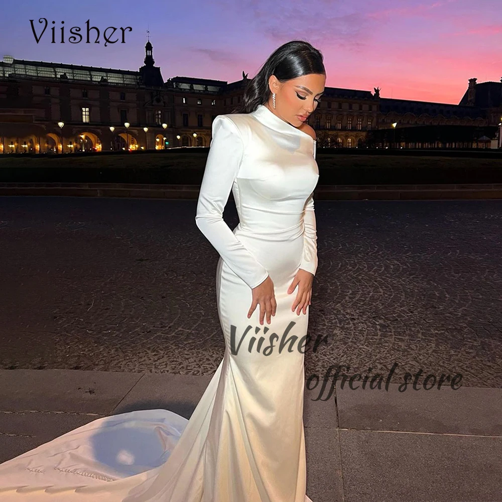 

White Satin Mermaid Wedding Dresses for Bride Long Sleeve Beach Boho Bridal Gowns with Train Simple Civil Wedding Dress 2024