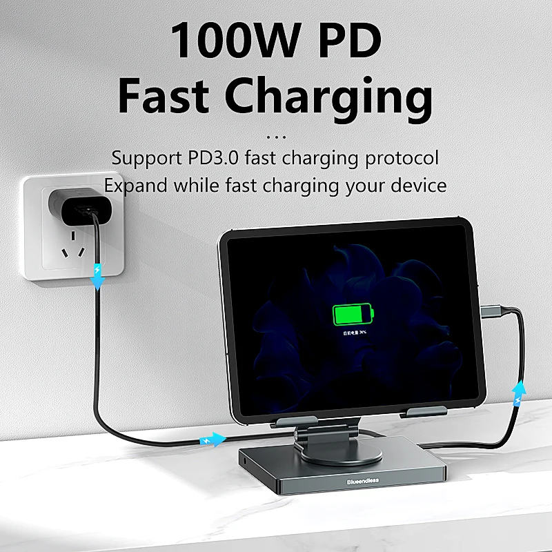 Blueendless Ipad stand USB C Hub 4K 60HZ  HD Type-C 100W PD SD/TF Slot Reader USB 3.0 5Gbps 9 In 1 Type-C Hub ipad holder