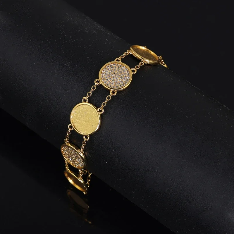 Pave 5A CZ Charm Double Ball Link Chain Bracelet Gold Color Geometric Round Plain Fashion Women Bangle Jewelry