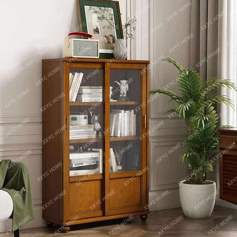 

Solid Wood Floor Storage Cabinet Modern Minimalist with Sliding Door Shelf Display Cabinet