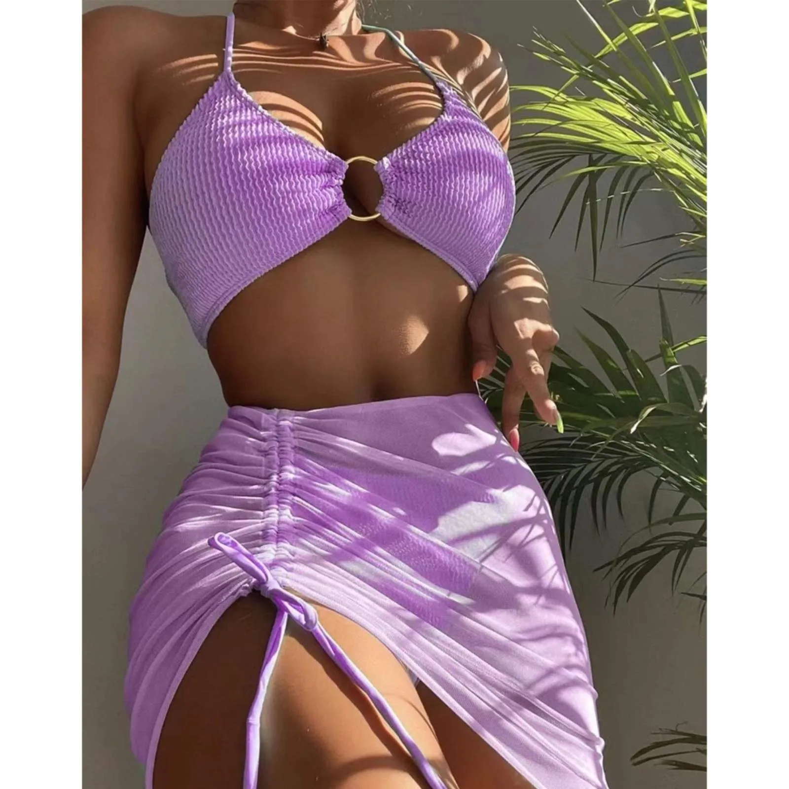 Women\'s Sexy Bikini Three Piece Set Bathing Suits Fashion Beach Halter Ring Bikini Beach Wear Swimming Wear With Cover Up Skirt