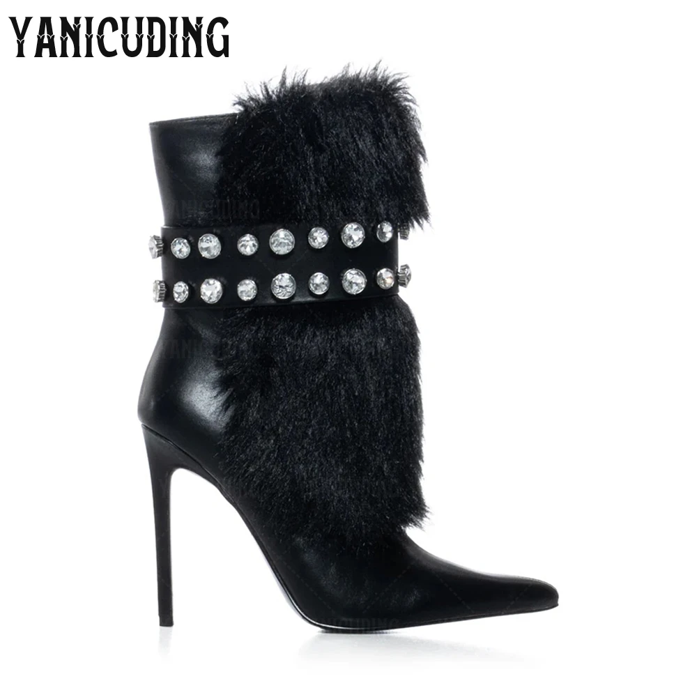 

Fuzzy Embellished Booties Mid-Calf Shaft Pointed Toe Gemstone Ankle Boots Luxurious Style Ultra Glam Stiletto Booties for Women