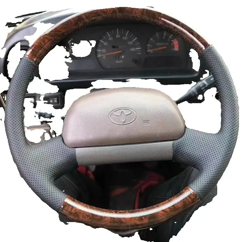 

For Toyota Coaster Hand-Stitched Non-Slip black Genuine Leather peach wood grain car Steering Wheel Cover