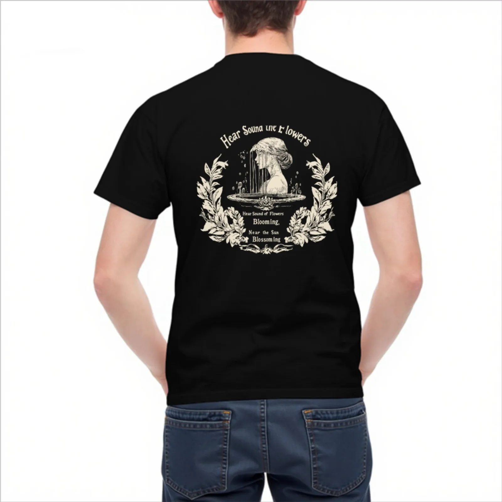 Hear Sound of Flowers Fountain Graphic Men's Casual Cotton Short Sleeve T-Shirt Daily Wear Tee