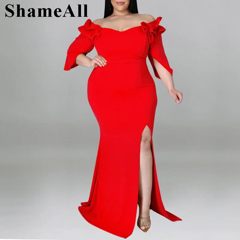 Plus Size Off Shoulder Floral Half Sleeve Bodycon Party Dress 4XL Fall Elegant Women Evening Club Split Long Maxi Mermaid Dress