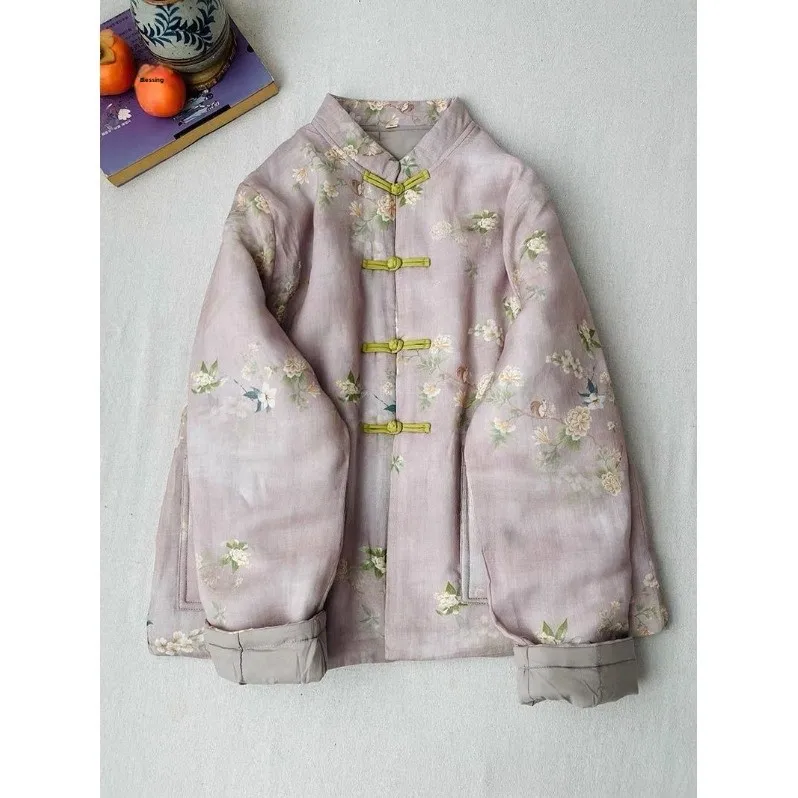 

Retro Thiened Cotton Jaet Women's Zen Sle Button Frontal Cotton Linen Mixed Outerwear Long Sve Floral Print Coat