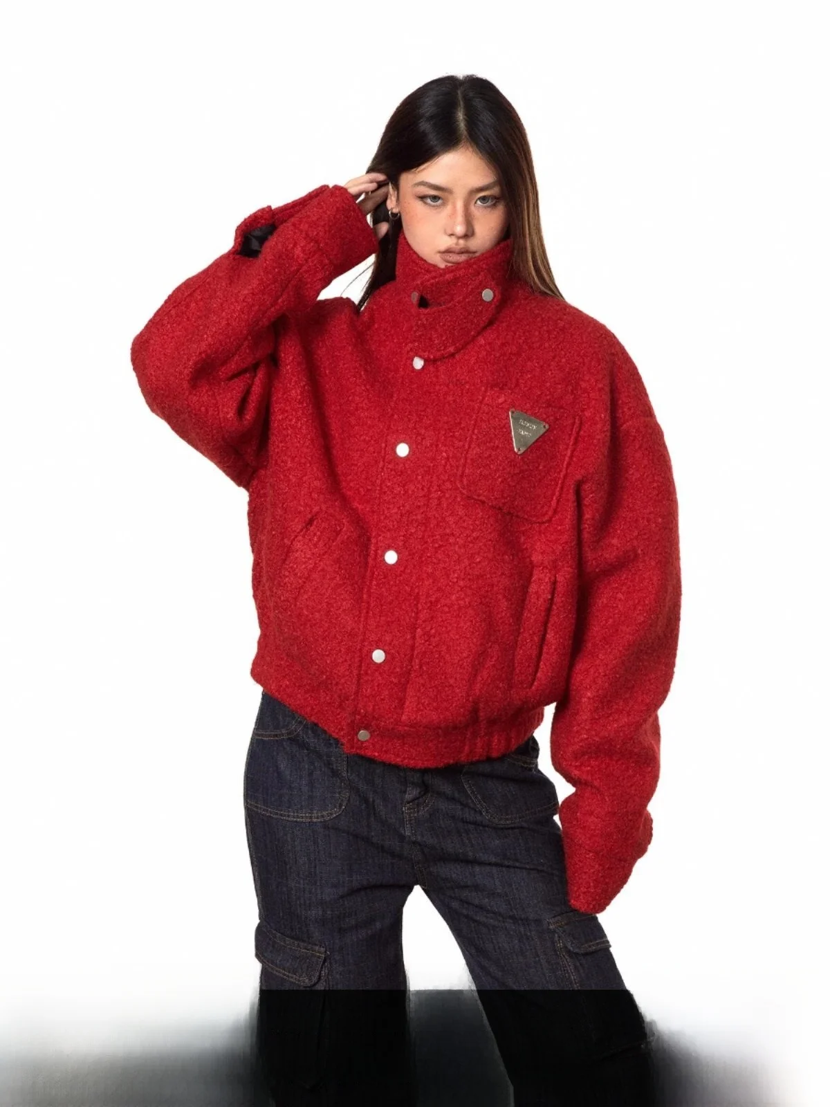 

Retro Blabb Lamb Fur ort Jaet Red New Year Cisas Stand Collar Cotton Coat Women's Faion Commute Sle Slim Fit