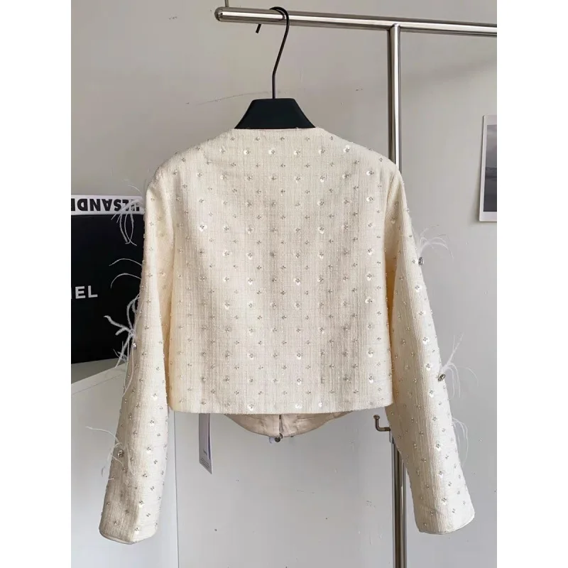 ملابس خارجية كاجوال مستديرة Ne Dr مع تفاصيل ريش، مادة صوفية من نسيج مخملي عالي الخصر للنساء #2