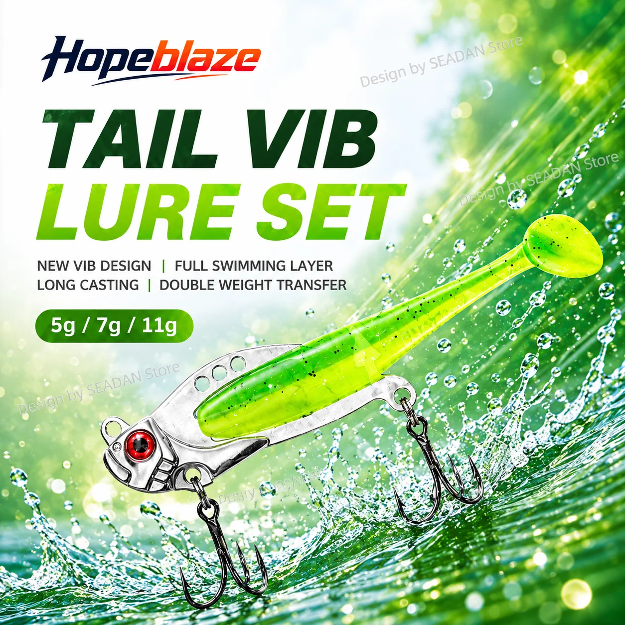 Hopeblaze 5g/7g/11g T-tail VIB Lure Removable Soft Tail 3-Hole Vibration Bait, Universal Lure for Freshwater & Saltwater Fishing