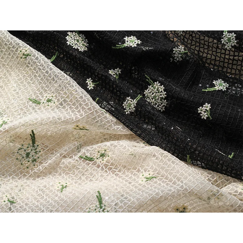 Elegant Dandelion Embroidered Mesh Fabric with Sequins for Summer Dressmaking By The Meter